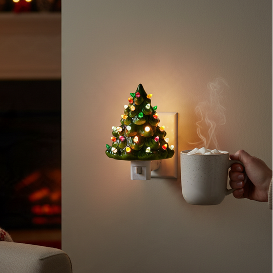 Mellow Monkey vintage-style ceramic Christmas tree nightlight with colorful bulbs glowing on a wall near a cozy chair.