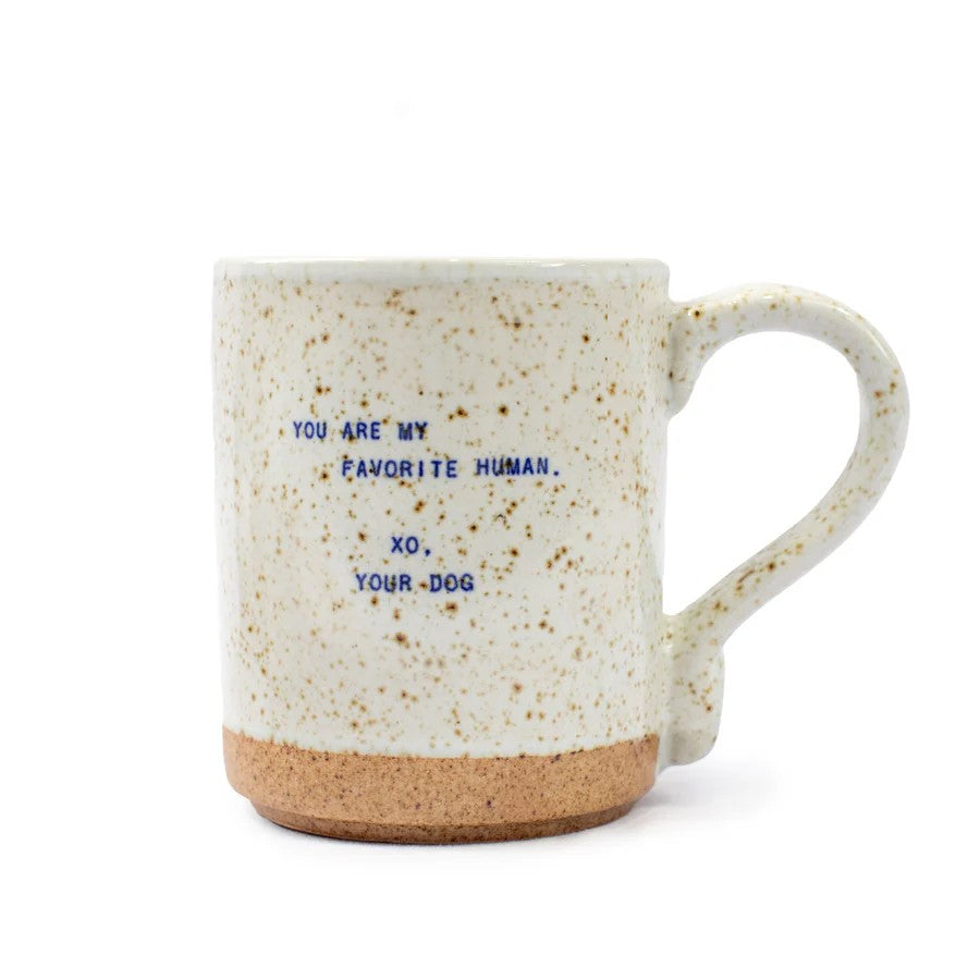 Mellow Monkey handmade ceramic mug with speckles and You Are My Favorite Human quote in blue text