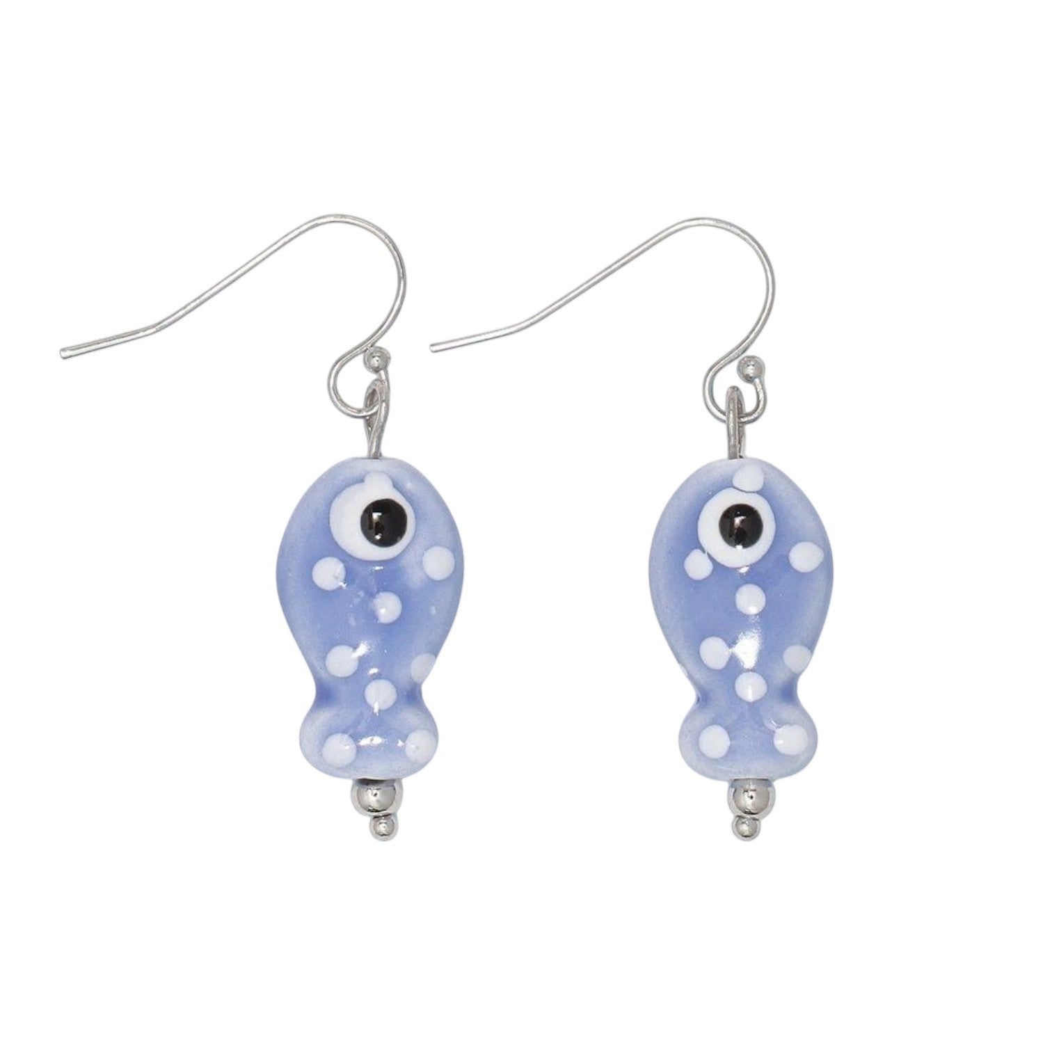 Mellow Monkey ceramic fish earrings in light blue with white polka dots and nickel-free silver hooks.