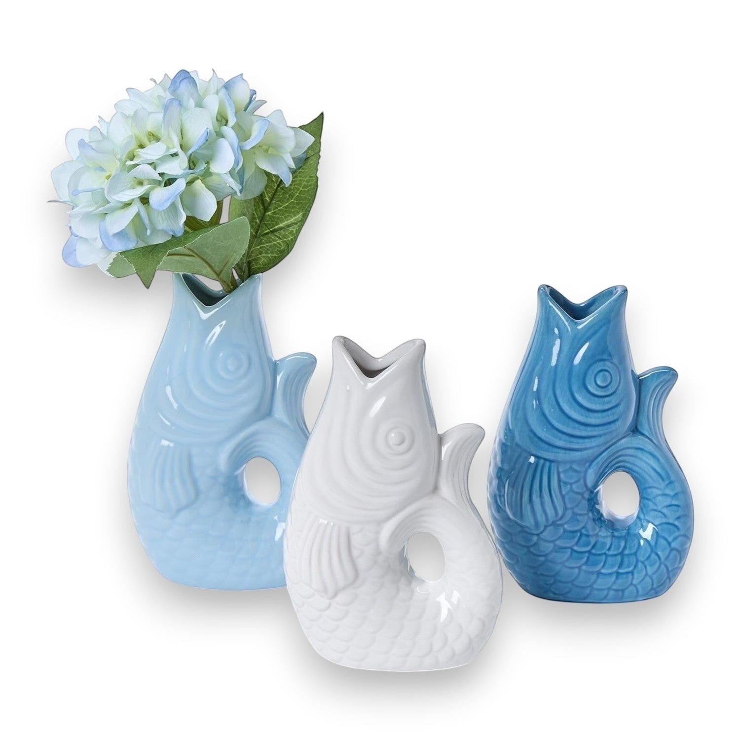 Mellow Monkey small ceramic fish vase in serene white, calming seafoam, and soothing blue. Ideal for decor.