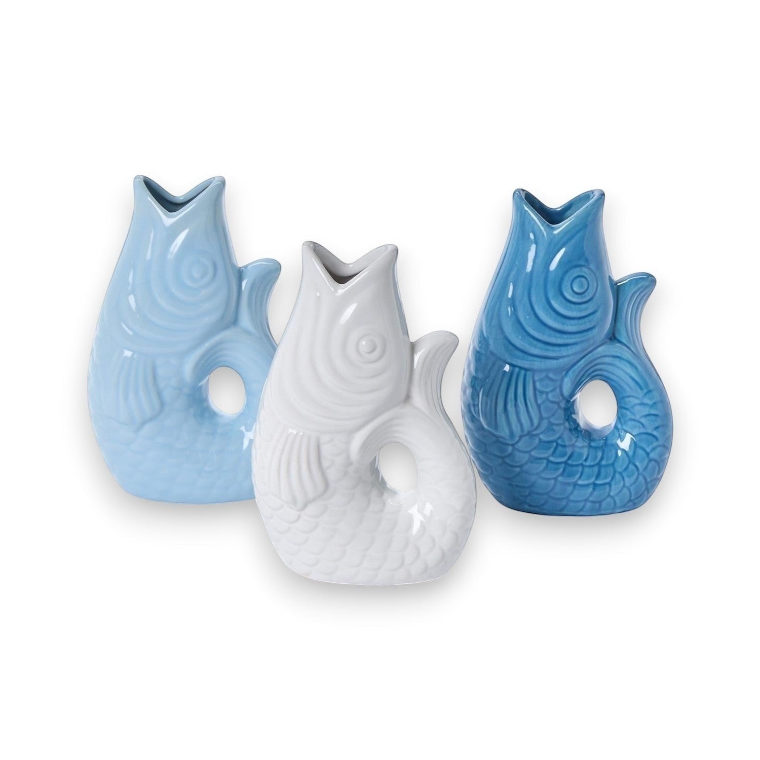 Mellow Monkey small ceramic fish vase in serene white, calming seafoam, and soothing blue. 8-inch decorative accent.