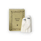 Mellow Monkey white ceramic ghost figurine holding a heart, presented in a decorative Bestie Boos gift box.