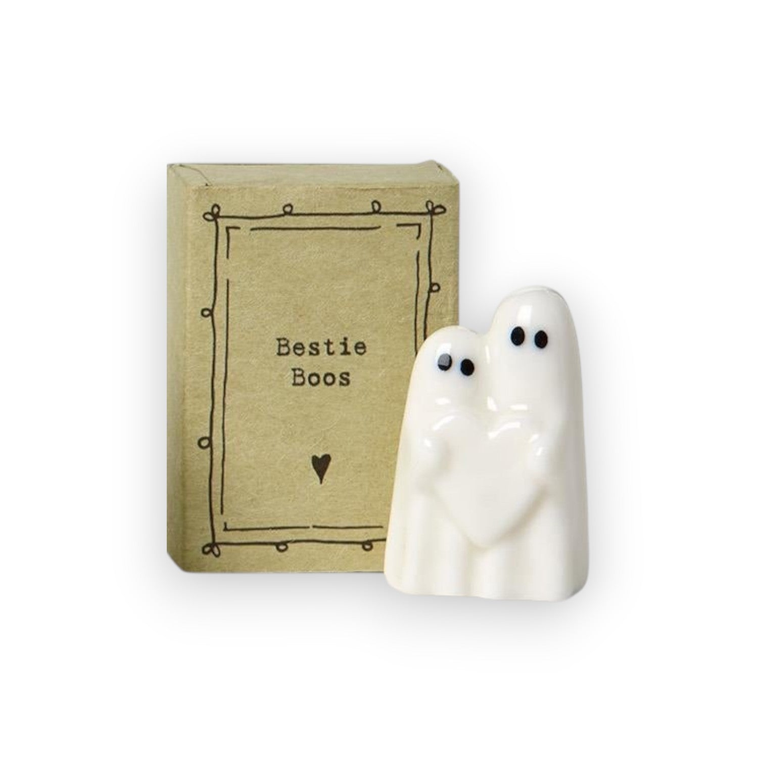 Mellow Monkey white ceramic ghost figurine holding a heart, presented in a decorative Bestie Boos gift box.