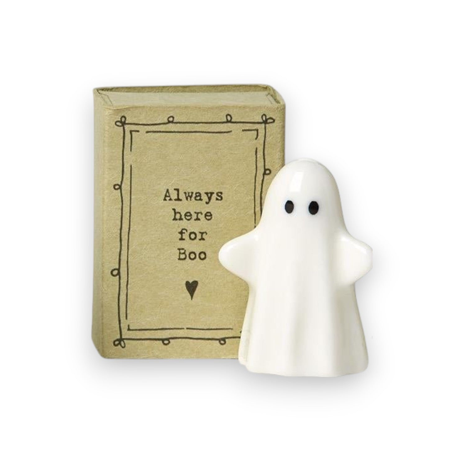 Mellow Monkey pocket-sized white ceramic ghost figurine standing next to its decorative kraft paper gift box
