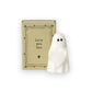 Mellow Monkey white ceramic ghost figurine holding a heart, presented in a decorative gift box with Love you Boo text.