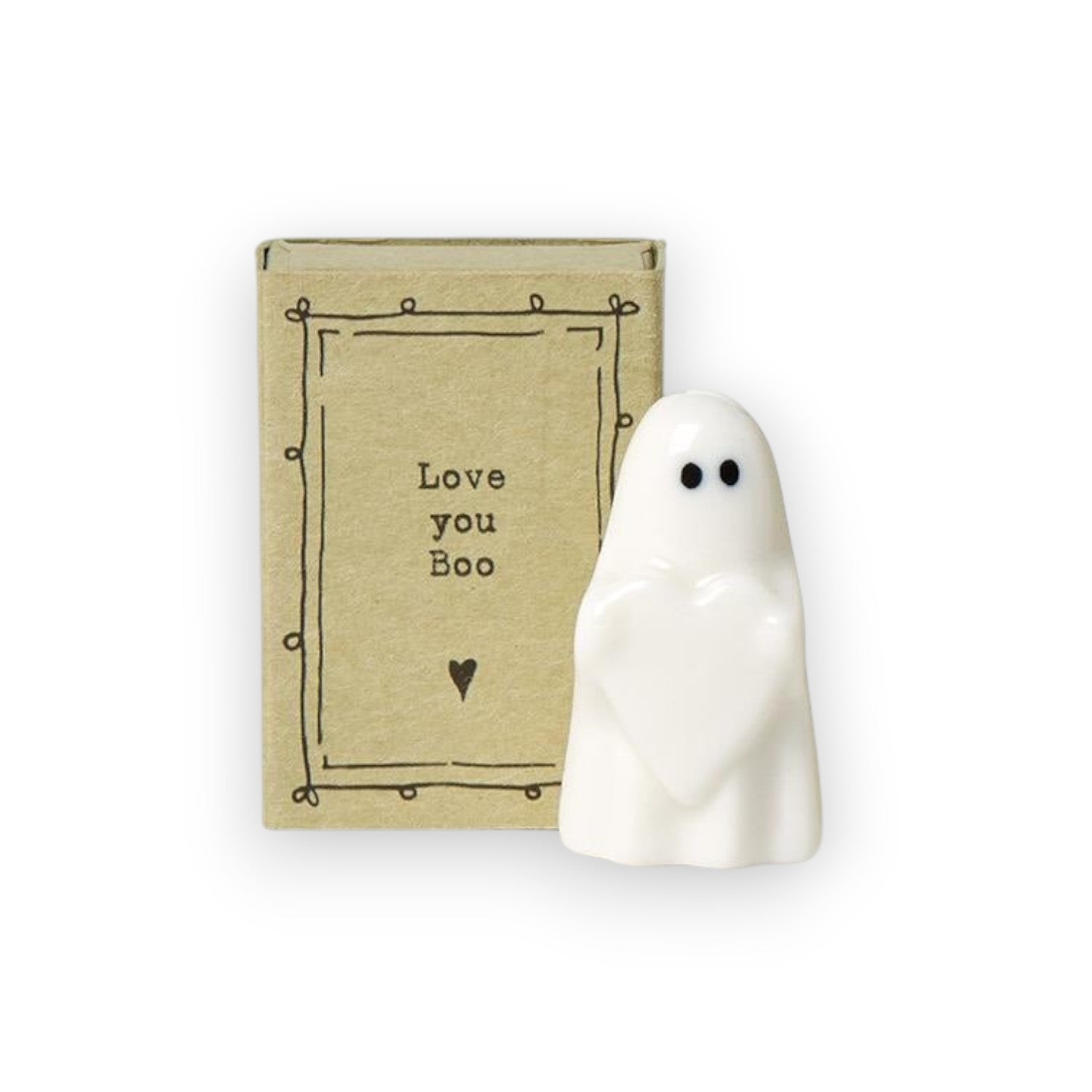 Mellow Monkey white ceramic ghost figurine holding a heart, presented in a decorative gift box with Love you Boo text.