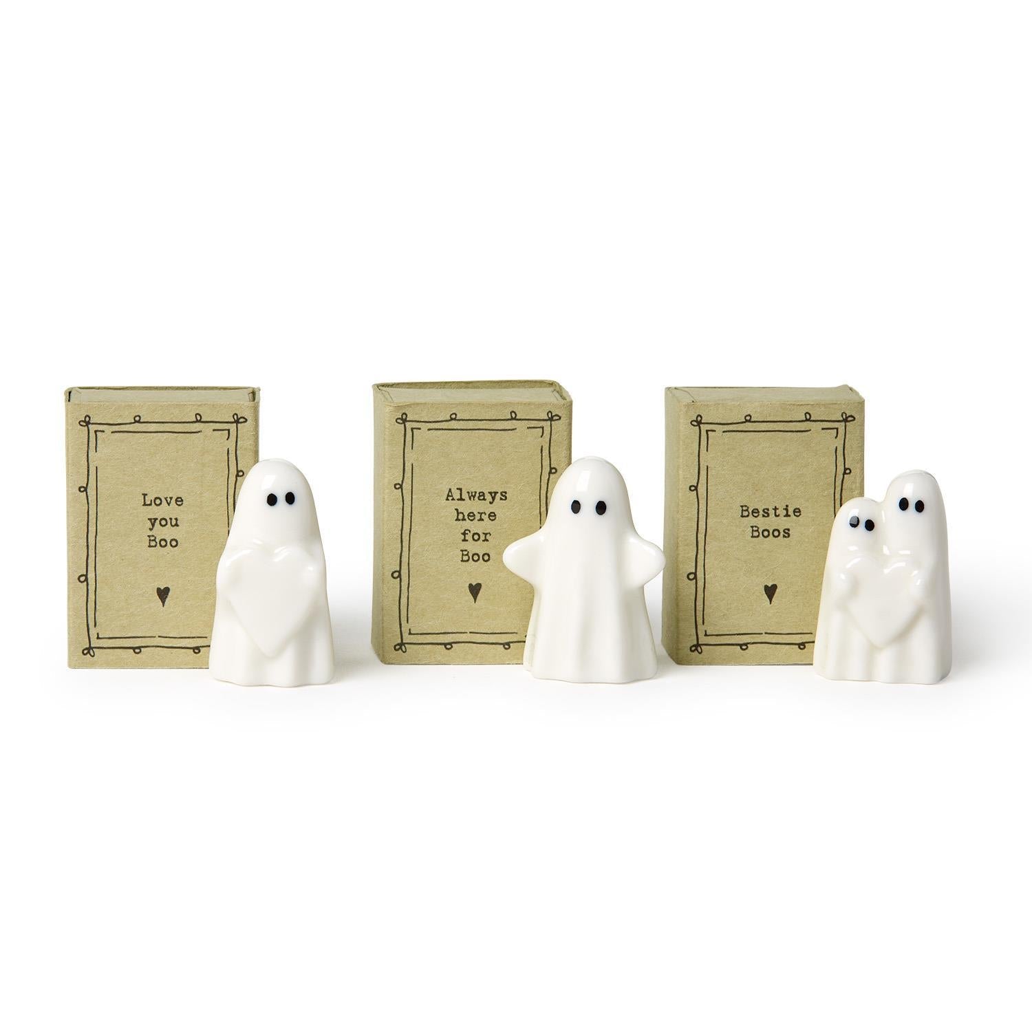Mellow Monkey pocket-sized white ceramic ghost figurines with matching gift boxes featuring sweet messages