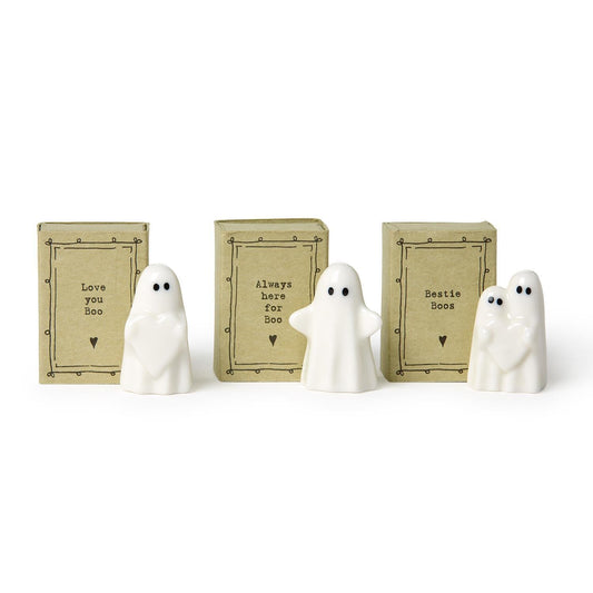 Mellow Monkey pocket-sized white ceramic ghost figurines with matching gift boxes featuring sweet messages