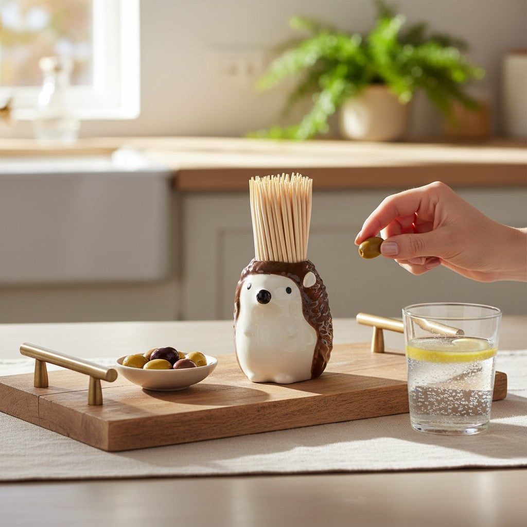 Mellow Monkey brown ceramic hedgehog toothpick holder on a wooden serving tray with bamboo toothpicks