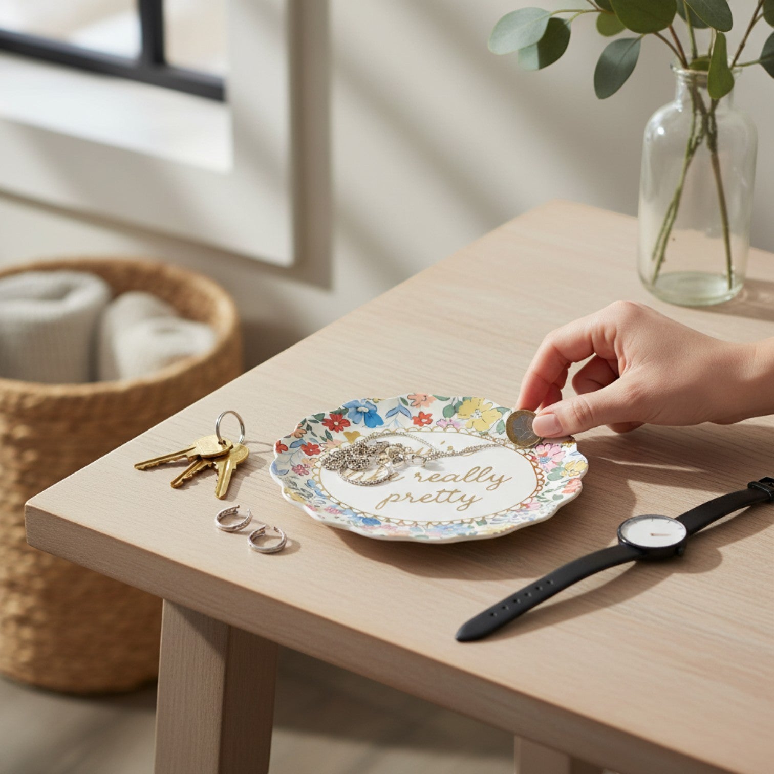 Mellow Monkey ceramic trinket tray with floral border and gold text reading "you're like really pretty".