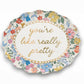 Mellow Monkey ceramic trinket tray with floral pattern and gold text that says "you're like really pretty".