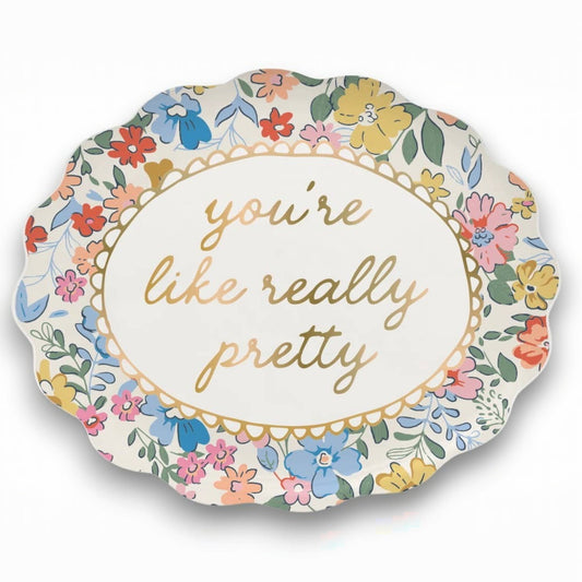 Mellow Monkey ceramic trinket tray with floral pattern and gold text that says "you're like really pretty".
