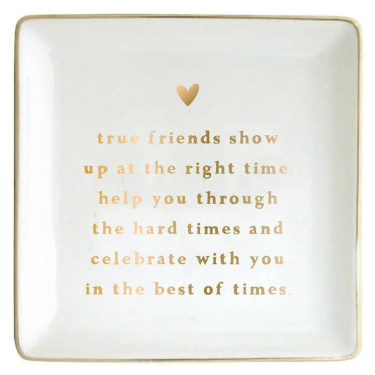 Mellow Monkey white ceramic trinket tray with gold foil heart and quote about true friends.