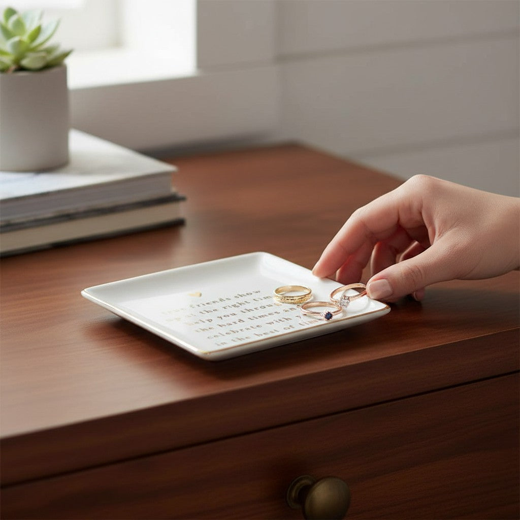 Mellow Monkey white ceramic trinket tray with gold foil heart and text: "true friends show up at the right time, help you through the hard times and celebrate with you in the best of times".