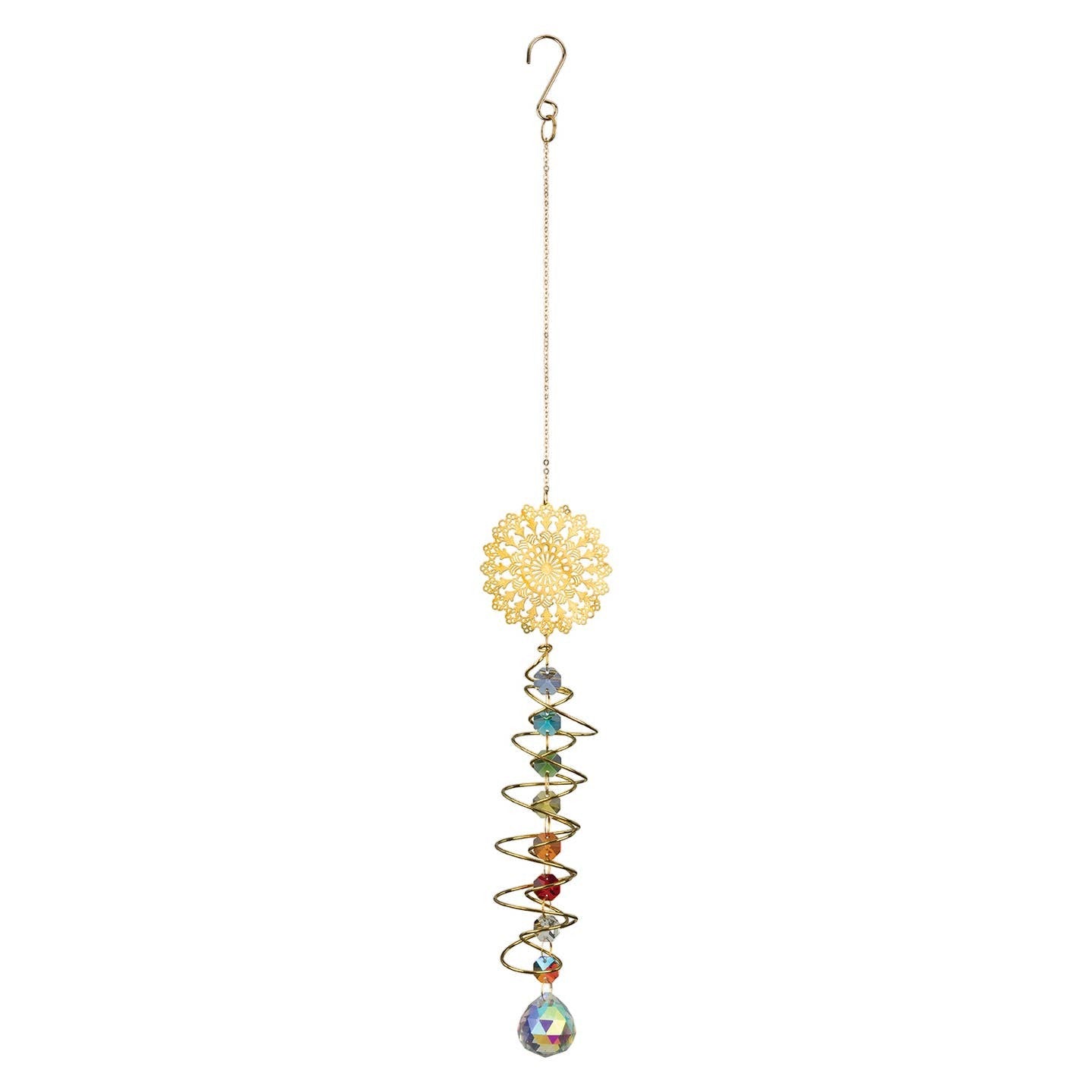 Mellow Monkey Chakras Daydream suncatcher with gold mandala, spiral wire, healing stones, and crystal prism pendant.