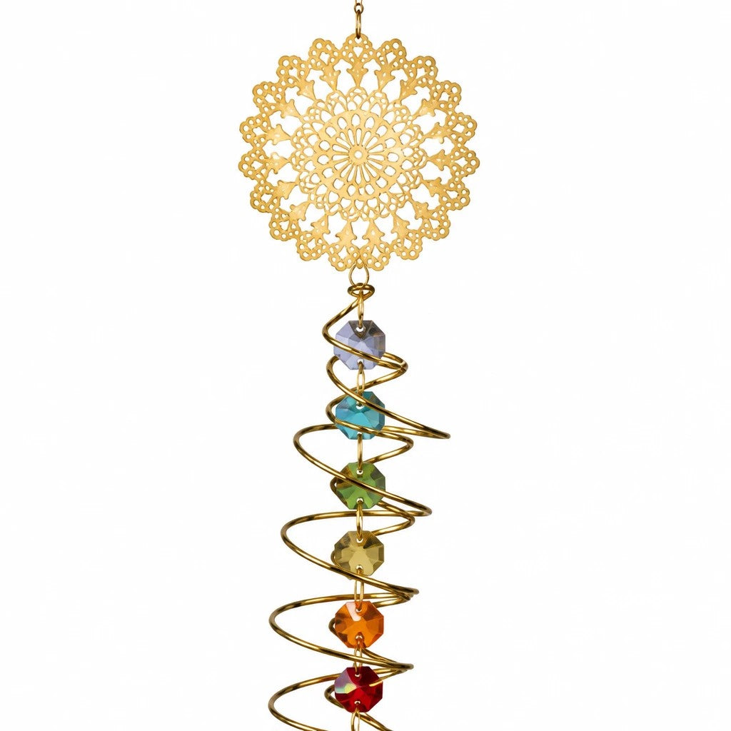 Mellow Monkey Chakras Daydream suncatcher with gold mandala, spiral wire, and colorful healing crystal stones.