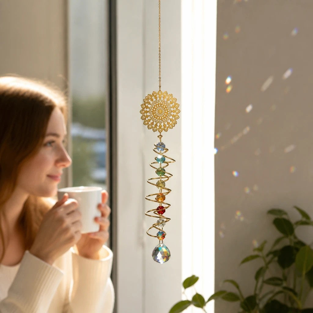 Mellow Monkey Chakras Daydream suncatcher with gold spiral, healing stones, and crystals hanging in a sunlit window.