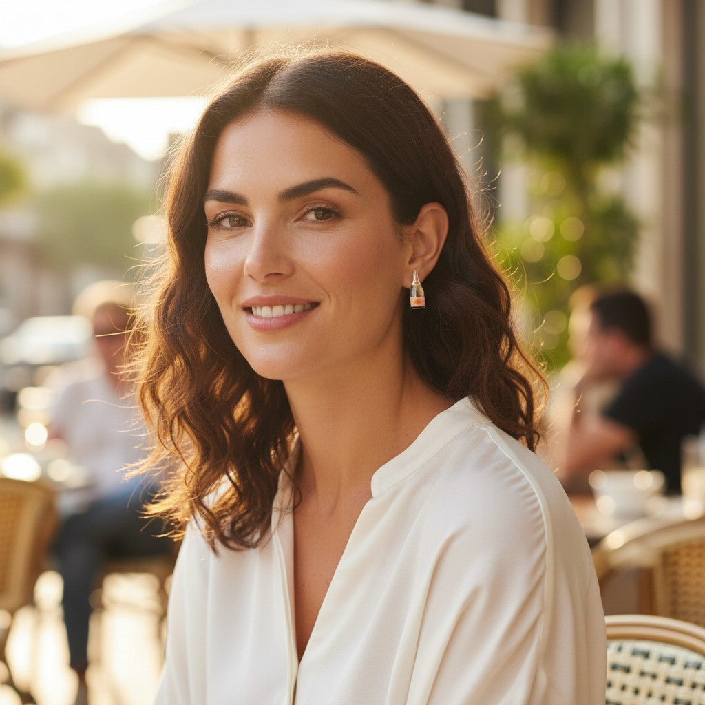 Mellow Monkey champagne bottle stud earrings worn by a smiling woman in a white blouse at an outdoor cafe.