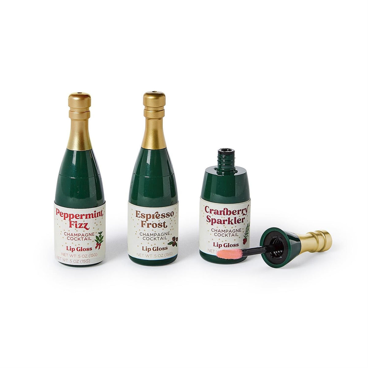 Mellow Monkey Champagne Kisses holiday lip gloss set in festive champagne bottle containers with applicator