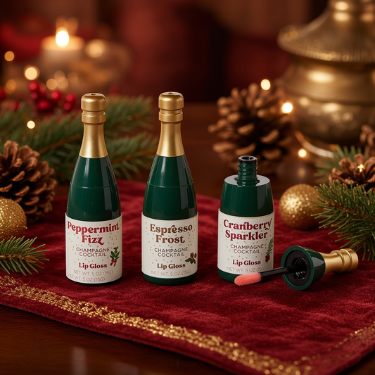 Mellow Monkey Champagne Kisses holiday lip gloss set in champagne bottle containers with applicator on red velvet
