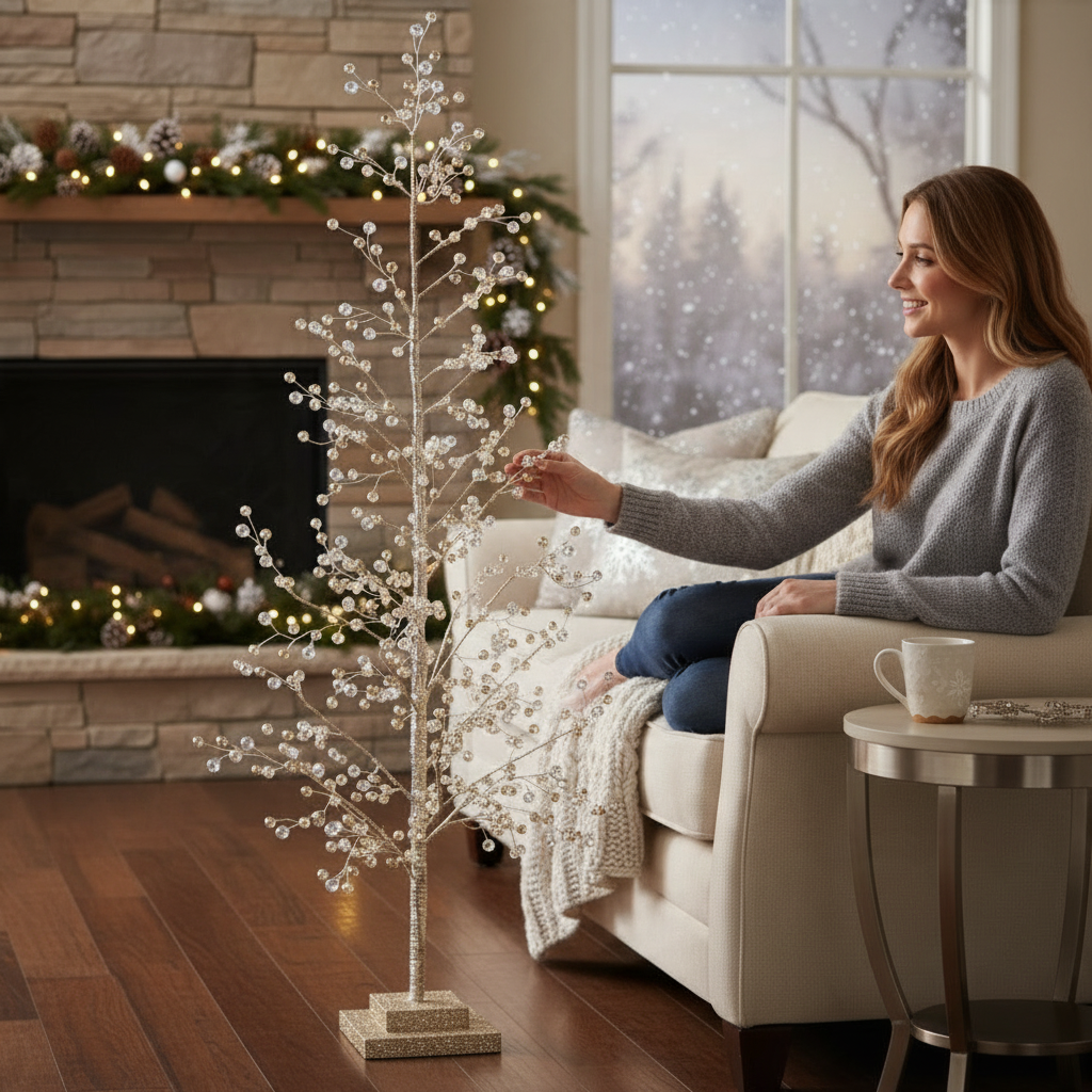 Mellow Monkey 28-inch champagne gold crystal tree with acrylic accents displayed in a cozy living room setting.