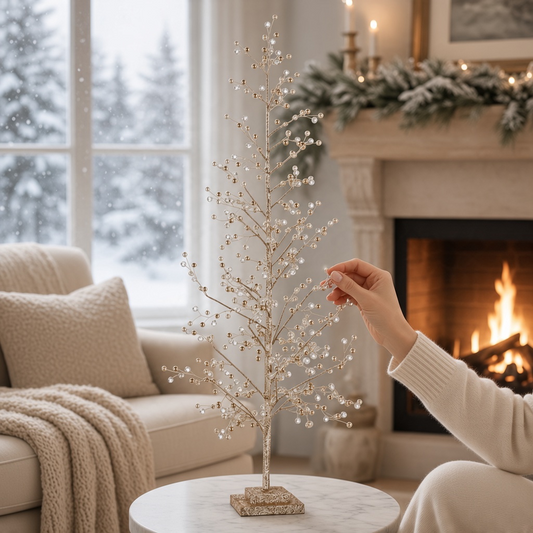 Mellow Monkey 28-inch champagne gold crystal decorative tree on a marble table in a cozy living room setting