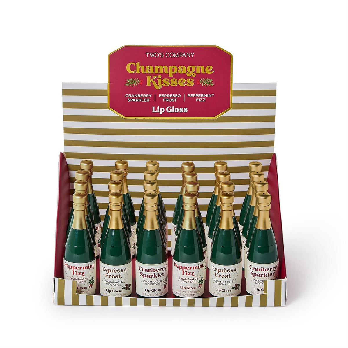 Mellow Monkey Champagne Kisses lip gloss display box featuring miniature champagne bottle containers in three scents.