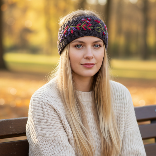 Mellow Monkey charcoal wool headband with floral embroidery worn by a woman in an autumn park setting.