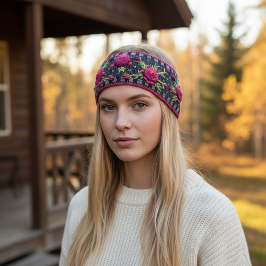 Mellow Monkey charcoal hand-knit wool headband featuring pink floral embroidery and checkerboard patterns on a model.