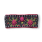 Mellow Monkey charcoal hand-knit wool headband featuring intricate floral embroidery and a checkerboard pattern.
