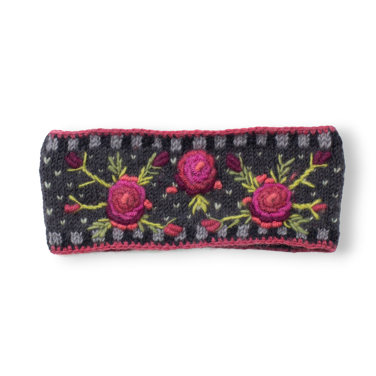 Mellow Monkey charcoal hand-knit wool headband featuring intricate floral embroidery and a checkerboard pattern.