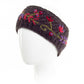 Mellow Monkey charcoal wool headband featuring hand-knit texture and colorful floral embroidery on a mannequin head.