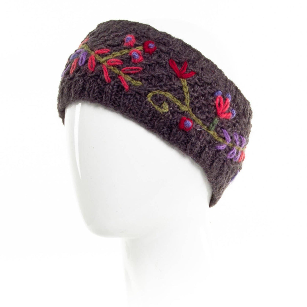 Mellow Monkey charcoal wool headband featuring hand-knit texture and colorful floral embroidery on a mannequin head.