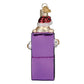 Mellow Monkey Charlie-In-The-Box glass Christmas ornament with red and black striped Santa hat.