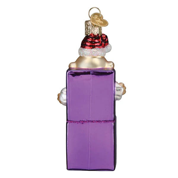 Mellow Monkey Charlie-In-The-Box glass Christmas ornament with red and black striped Santa hat.