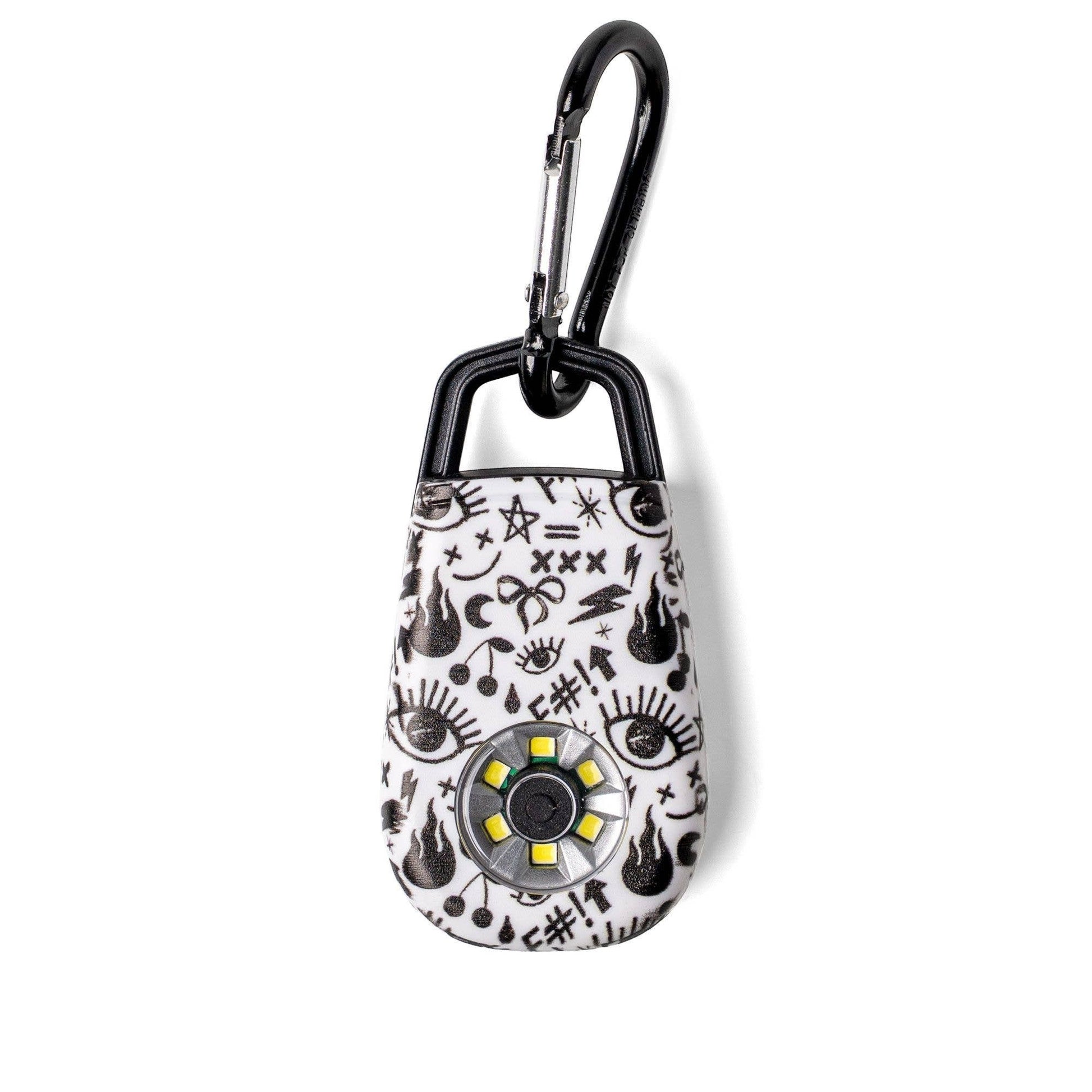 Mellow Monkey Charm Alarm Ultra Flash personal safety alarm with carabiner, white with black graphic print, 6 LEDs, and 100 decibel alarm.