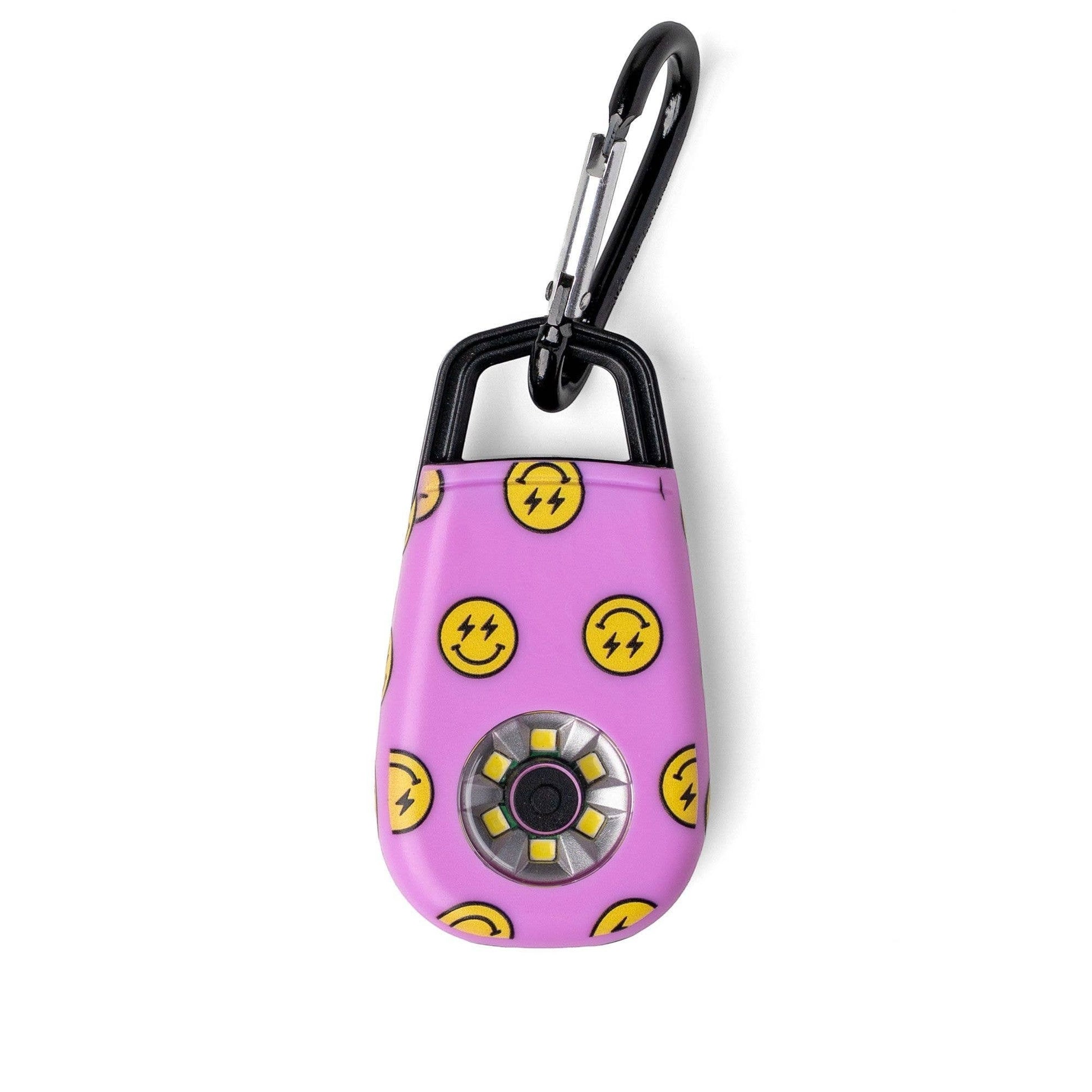 Mellow Monkey Charm Alarm Ultra Flash personal safety alarm with carabiner, pink with smiley face lightning bolt pattern, features LED light.