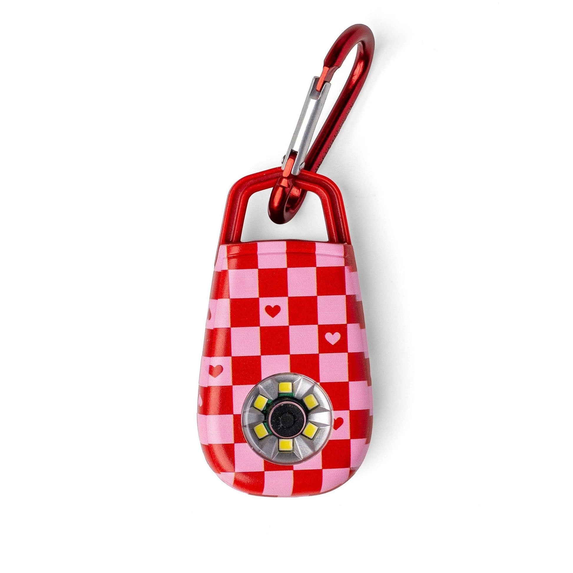 Mellow Monkey Charm Alarm Ultra Flash in pink and red checkerboard with hearts, features a carabiner and LED light.