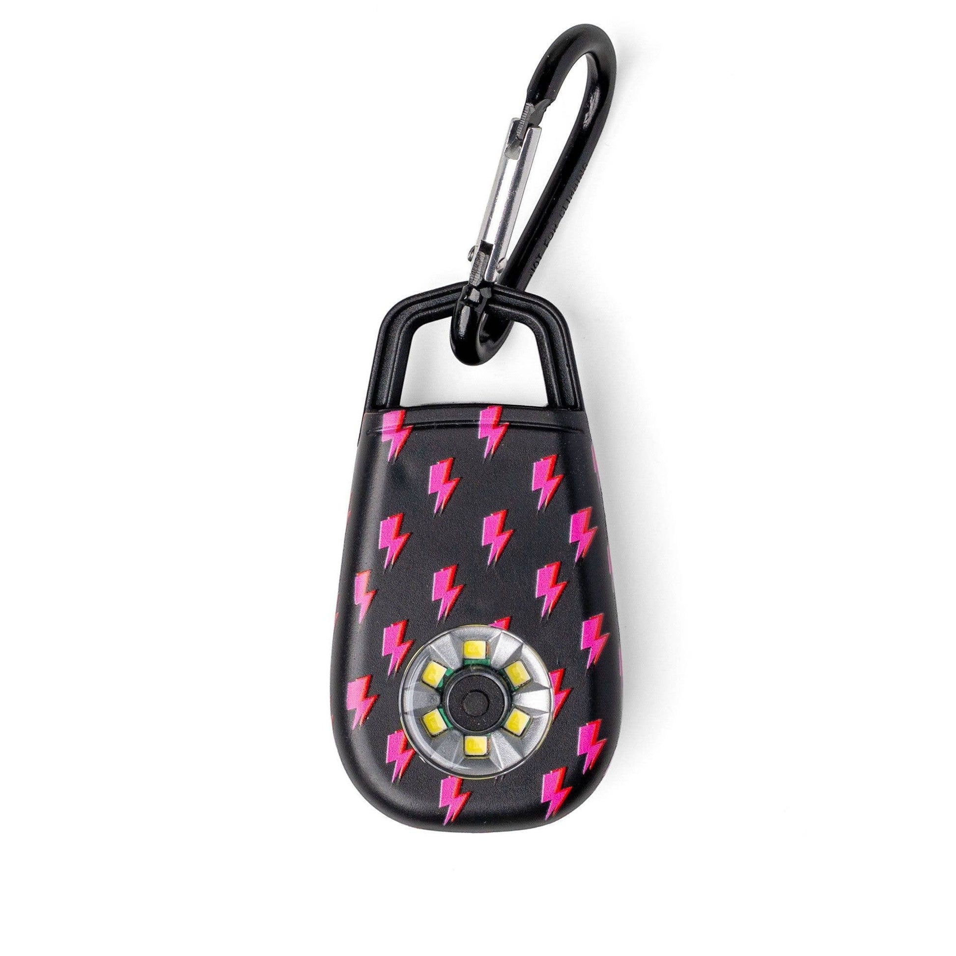 Mellow Monkey Charm Alarm Ultra Flash personal safety alarm with pink lightning bolt pattern and LED light, carabiner attachment.
