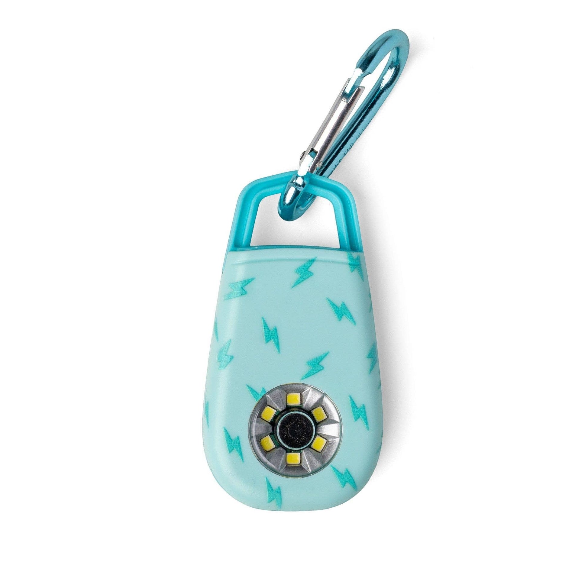 Mellow Monkey Charm Alarm Ultra Flash personal safety alarm with teal lightning bolt pattern and carabiner.
