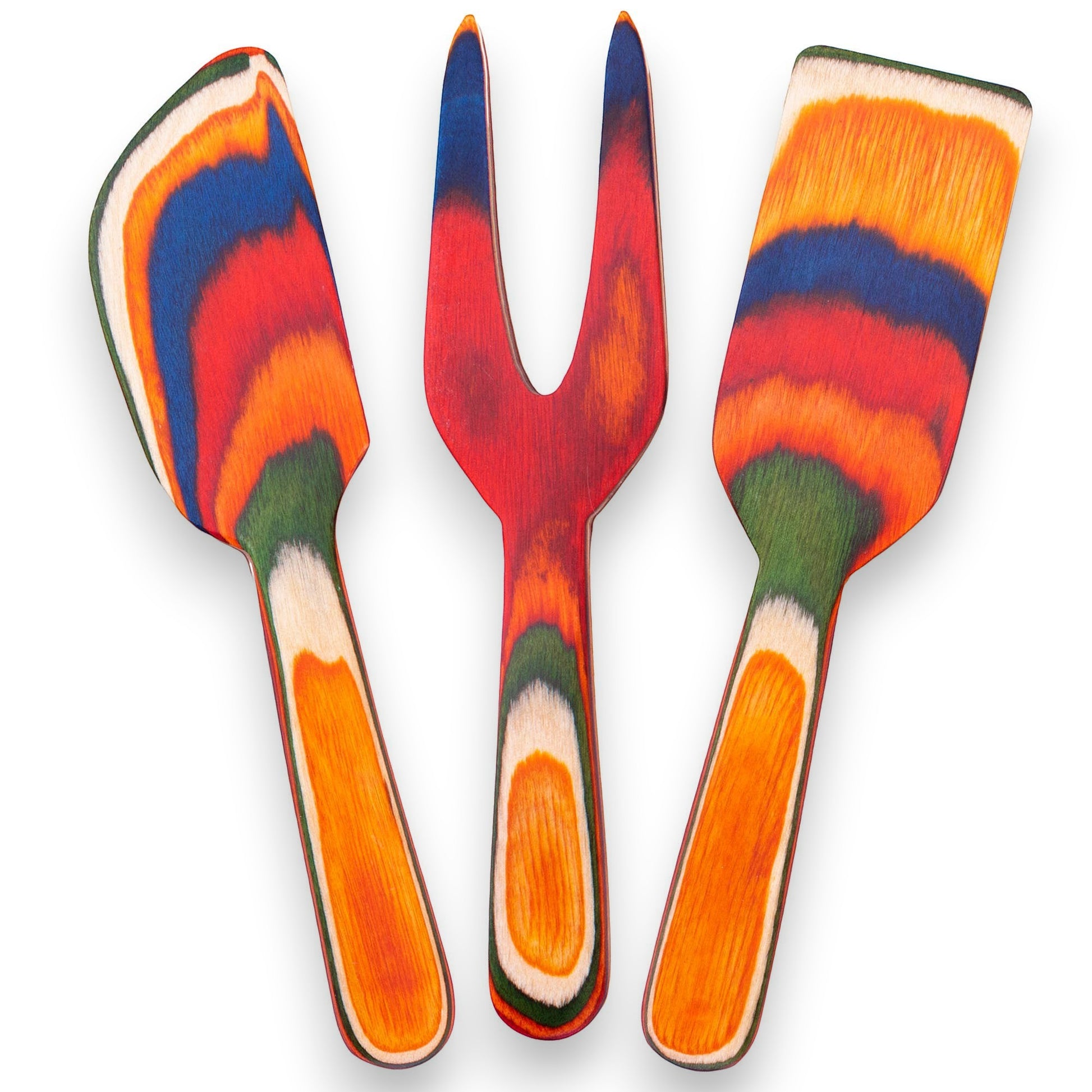 Mellow Monkey Marrakesh Collection 3-piece cheese tool set made of colorful layered birch wood. Includes spreader, fork, and knife.