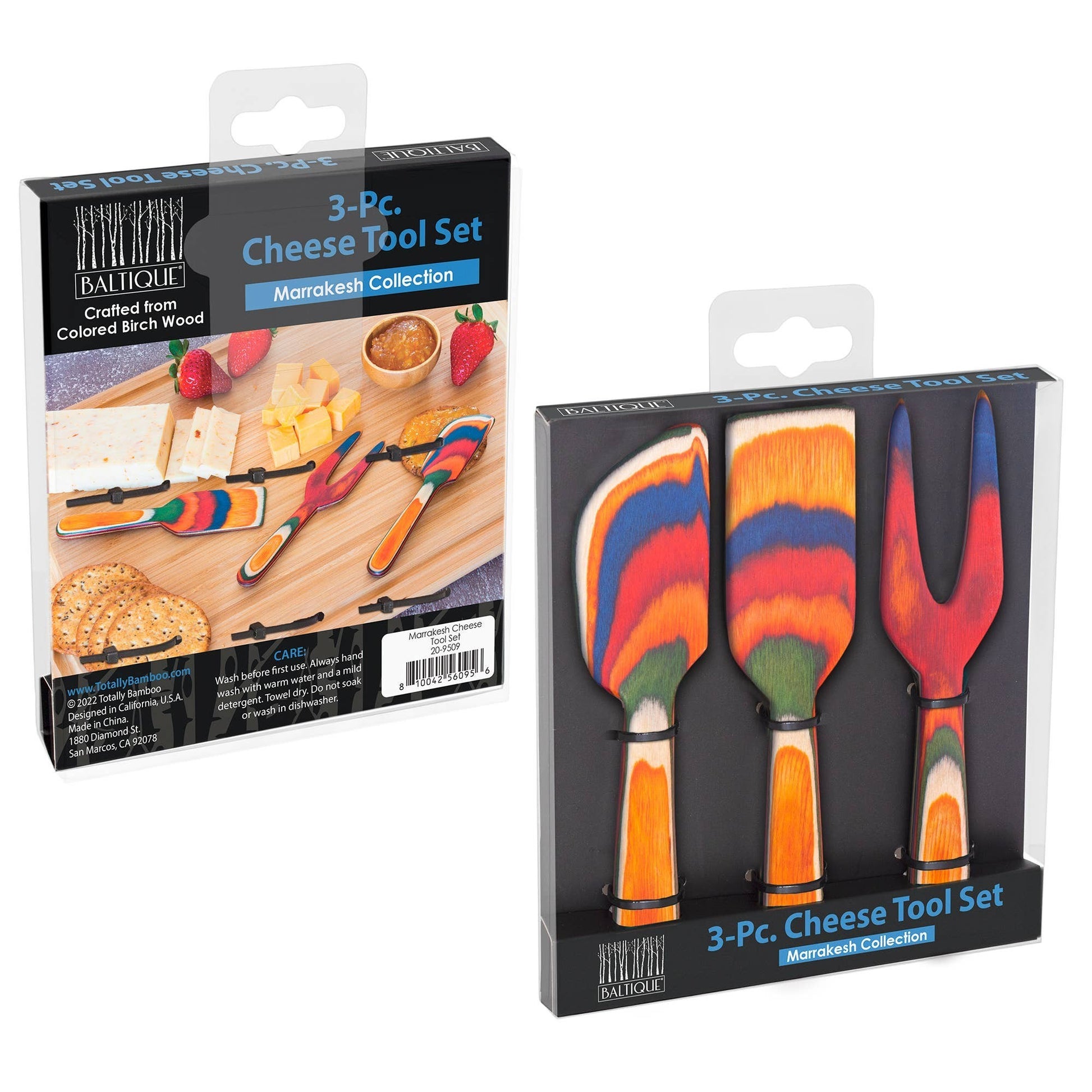 Mellow Monkey 3-piece cheese tool set from the Marrakesh Collection, crafted from colorful birch wood with vibrant stripes.