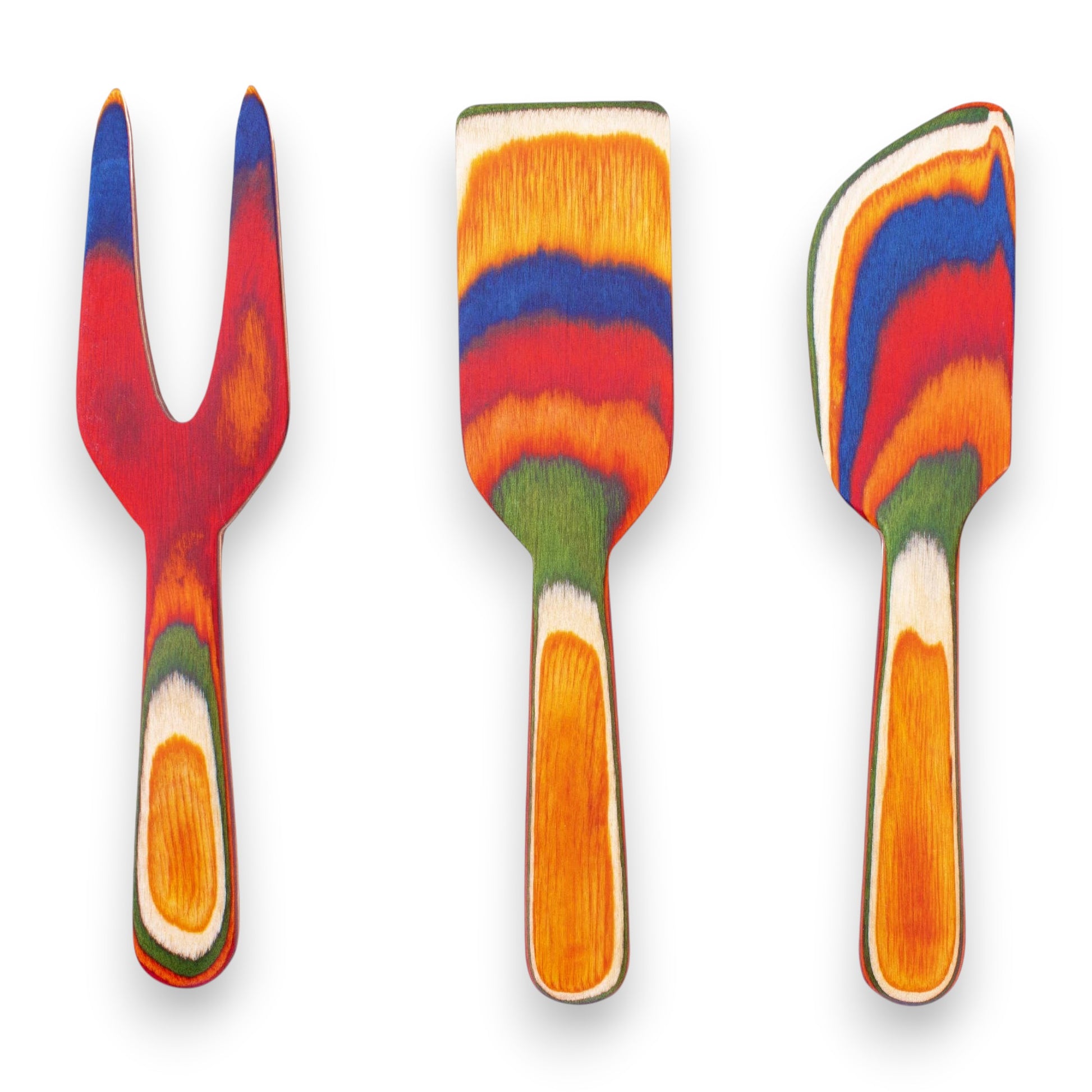 Mellow Monkey Marrakesh Collection 3-piece wooden cheese tool set with colorful birch wood, including a spreader, fork, and knife.