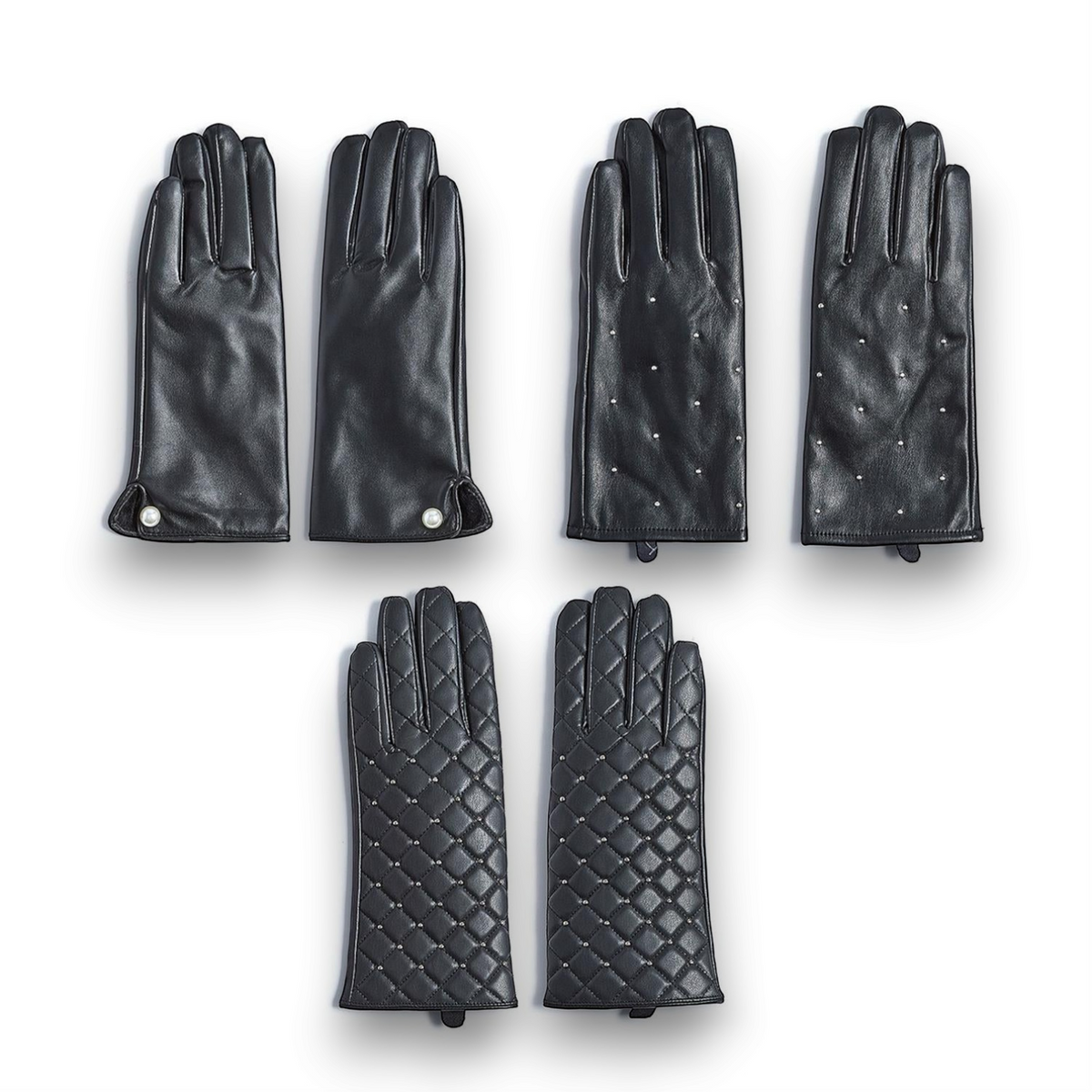 Mellow Monkey Chelsea decorative vegan leather gloves in three black styles with pearl, stud, and quilted details.