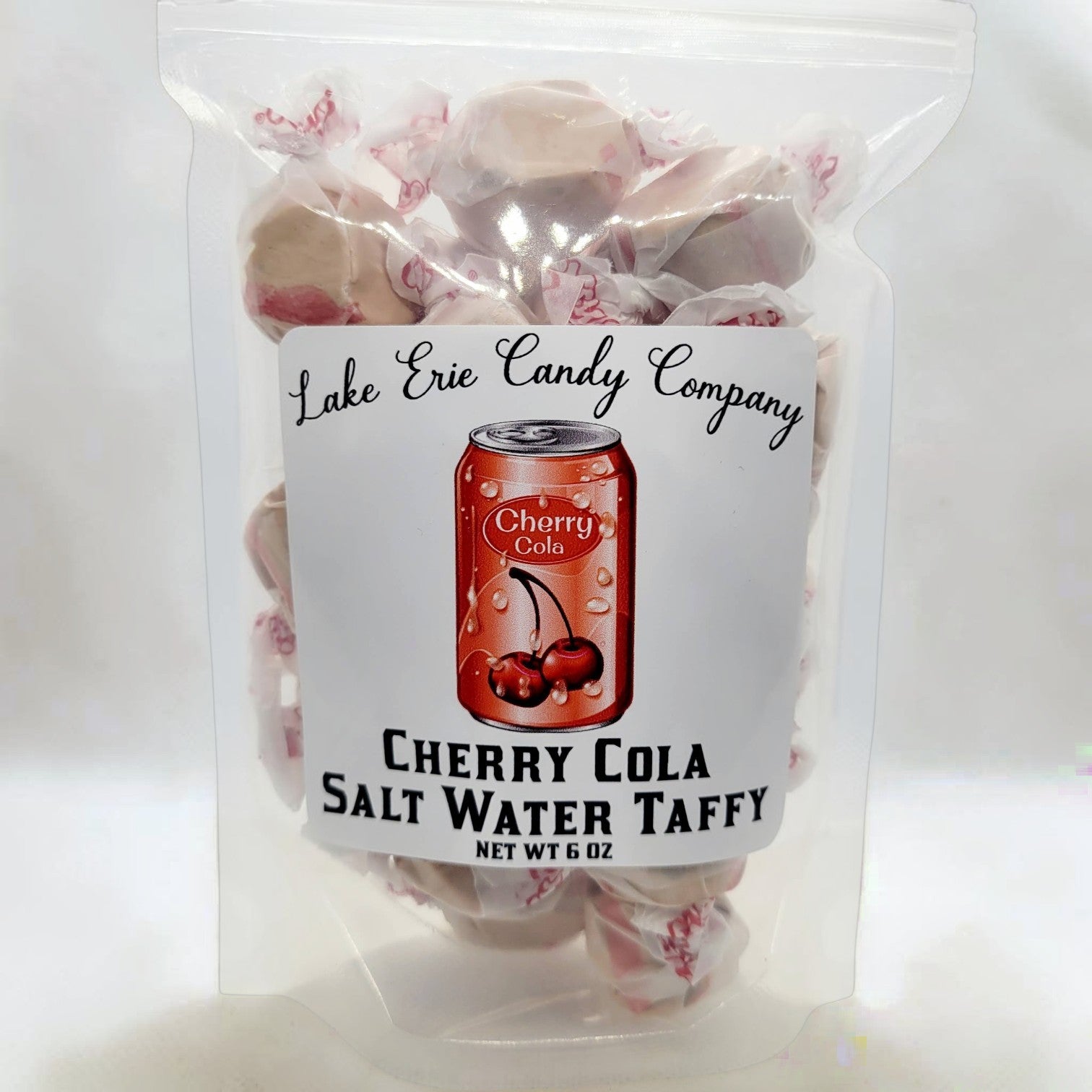 Mellow Monkey Cherry Cola Salt Water Taffy, 6-oz bag featuring a retro soda can design with cherries.
