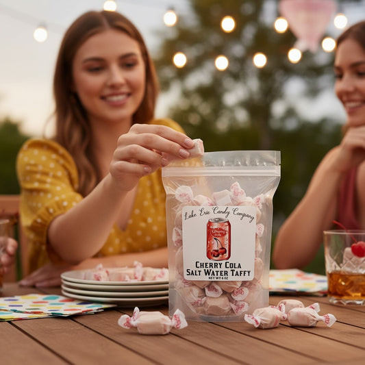 Mellow Monkey Cherry Cola Salt Water Taffy, 6-oz bag with individually wrapped candies.