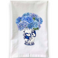 Mellow Monkey Chesapeake Blues flour sack towel featuring blue hydrangea flowers in a crab-patterned vase
