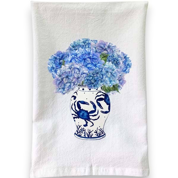 Mellow Monkey Chesapeake Blues flour sack towel featuring blue hydrangea flowers in a crab-patterned vase