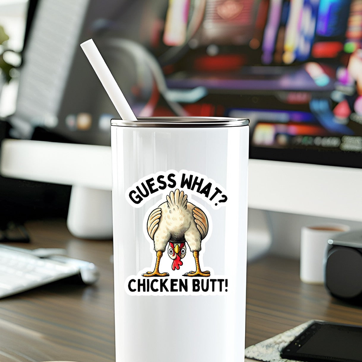 Mellow Monkey Chicken Butt waterproof vinyl sticker applied to a white tumbler on a desk
