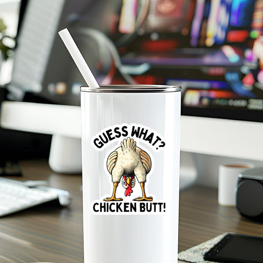 Mellow Monkey Chicken Butt waterproof vinyl sticker applied to a white tumbler on a desk